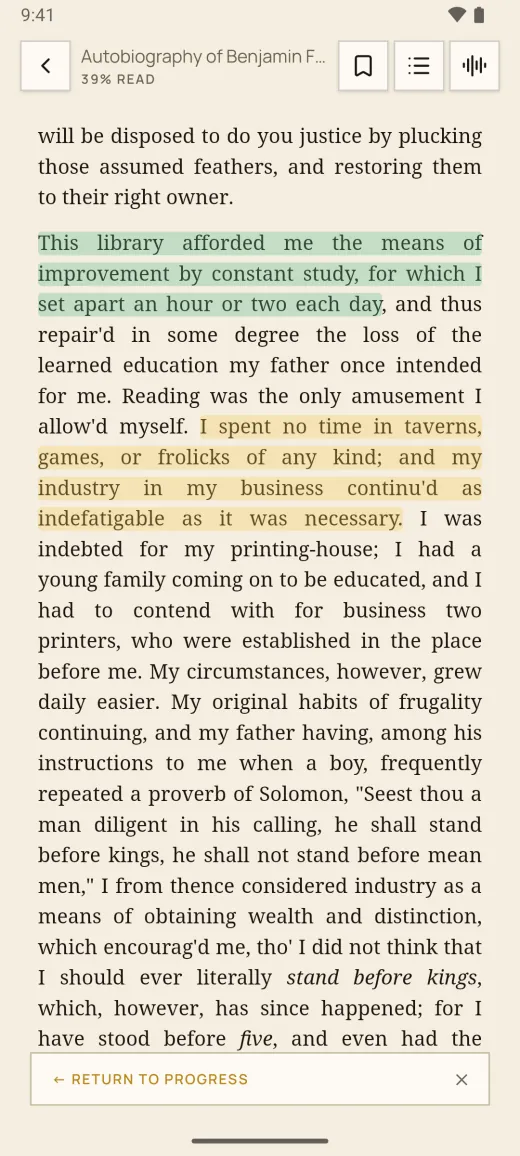 The reader, with two passages from Franklin's autobiography highlighted