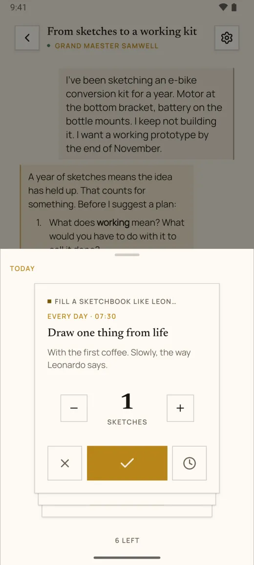 Today's log card: Draw one thing from life, with 1 sketch logged