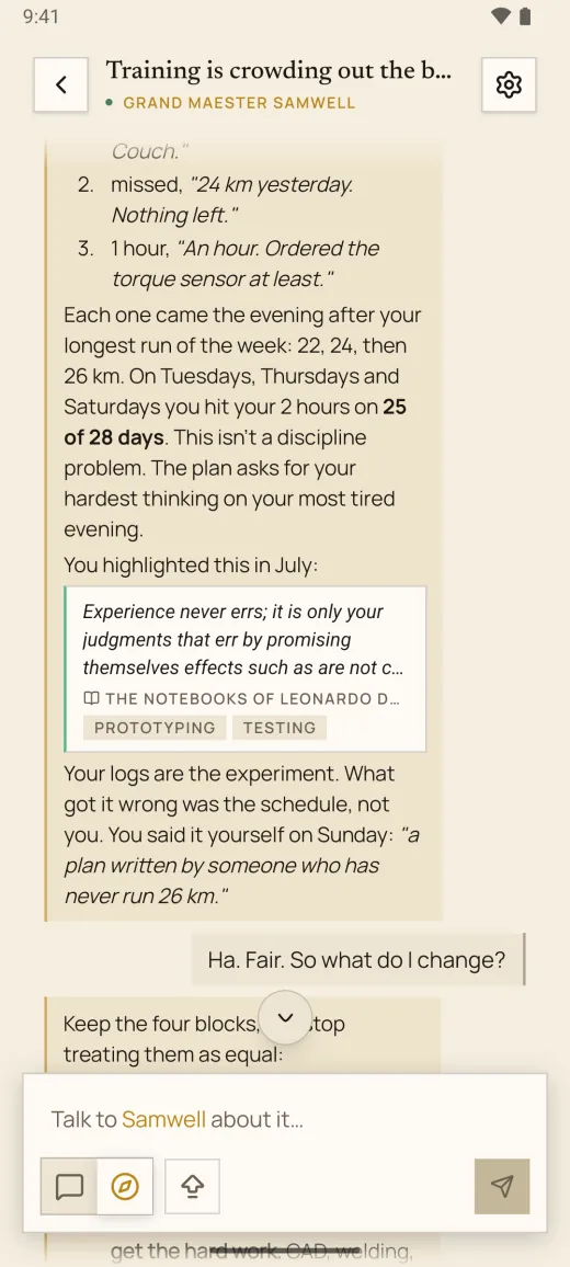 A check-in where Samwell quotes recent logs, notes, and a highlight